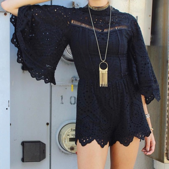 SAYLOR Other - Sailor Black Lace Cape Sleeved Romper
